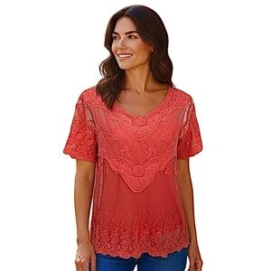 Sfera Coral Sheer Lace Embroidered Short Sleeve Top M